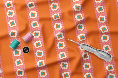 tissu imprimé,tissu au mètre,motif vintage,tissu imprimé vintage,tissu couture été,tissu OEKO-TEX,collection Sorbets,motifs rétro,Berlingot Mandarine