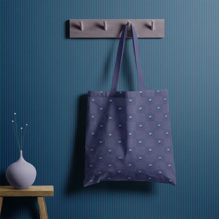 tissu broderie violet • motif damier mini fleurs turquoise